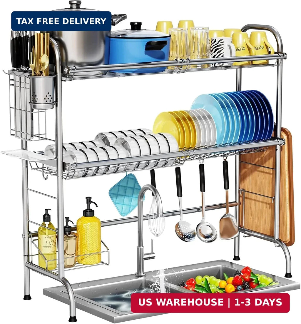 Stainless Steel 2-Tier Over The Sink Dish Drying Rack with Utensil Holder