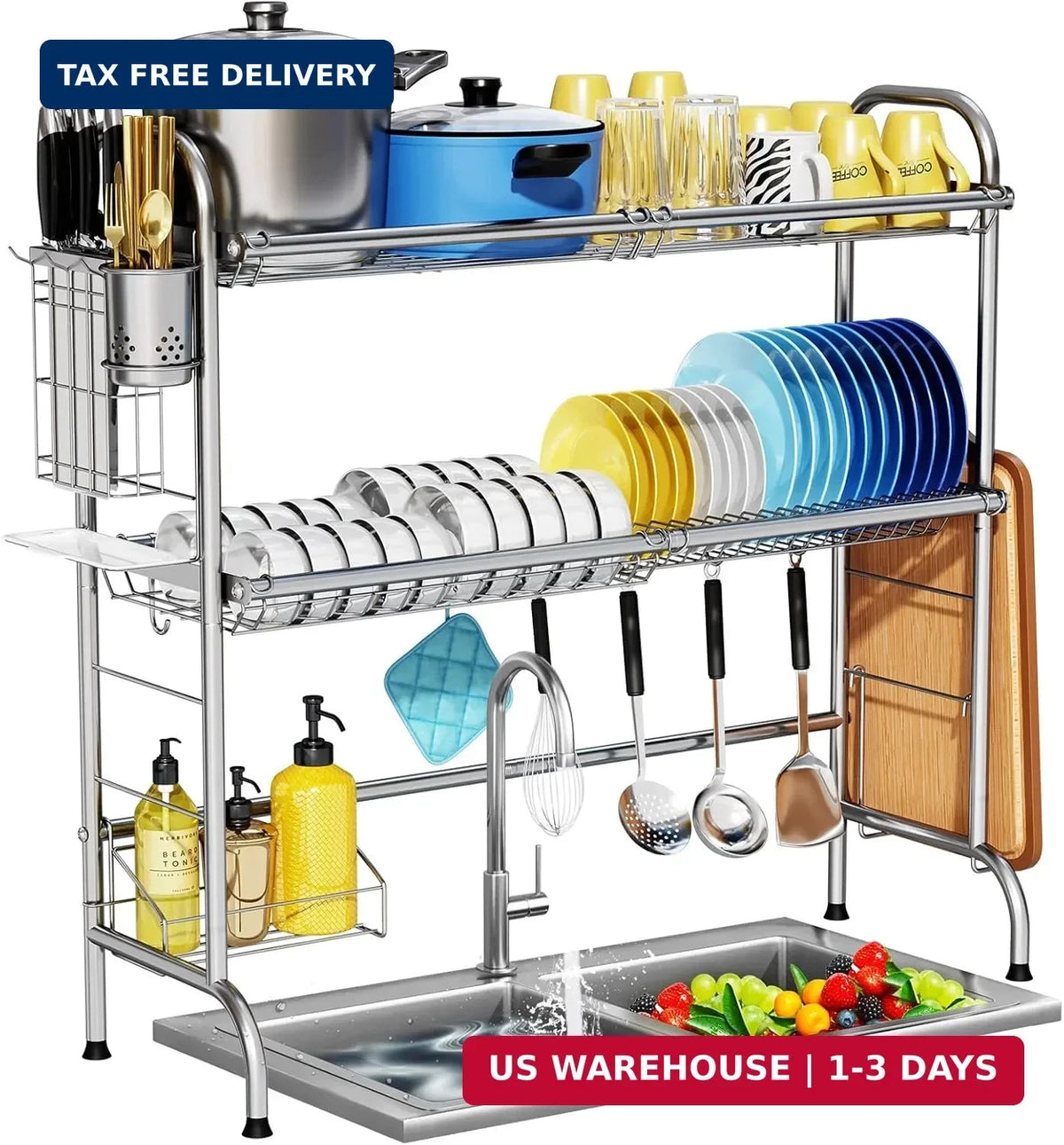 Stainless Steel 2-Tier Over The Sink Dish Drying Rack with Utensil Holder