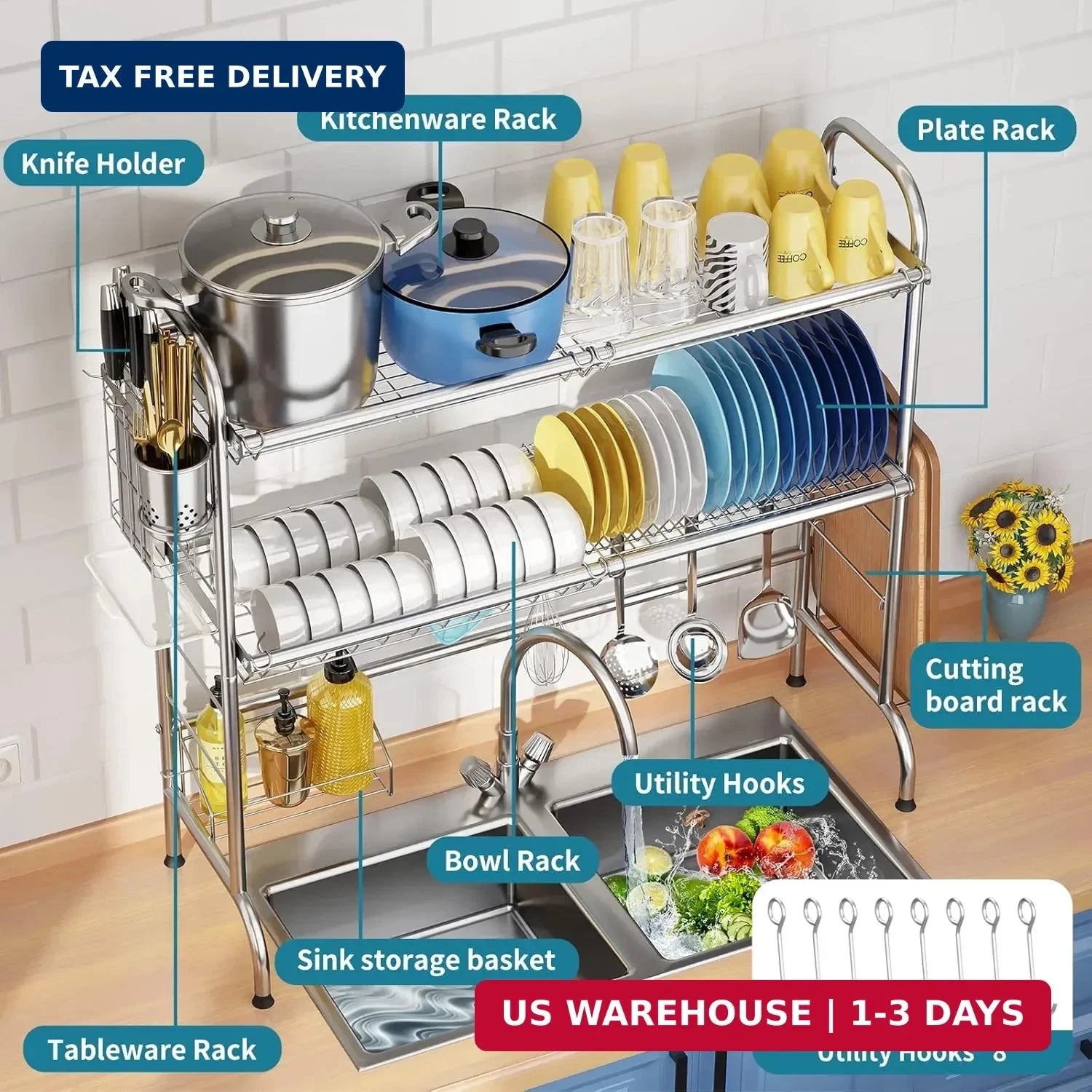 Stainless Steel 2-Tier Over The Sink Dish Drying Rack with Utensil Holder