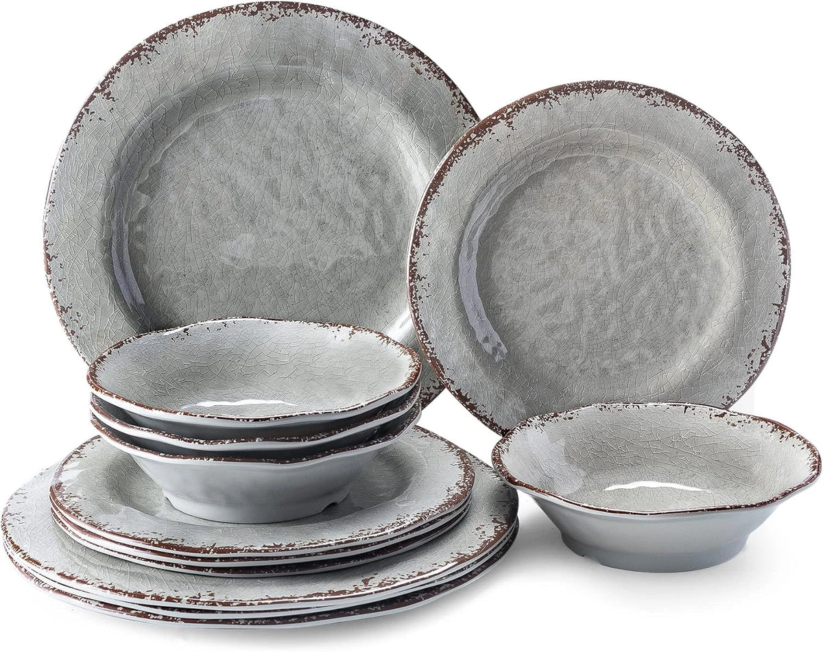 Farmhouse Melamine Dishes Dinnerware Set, 12 Piece Rustic Plates and Bowl