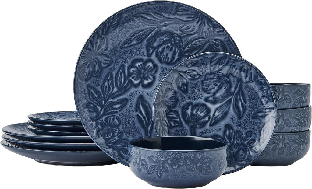 Garden Elegance Dinnerware Set, 12 Piece Floral Stoneware Blue