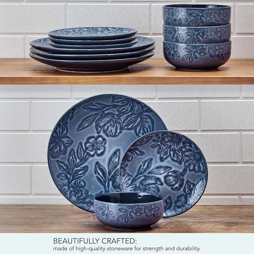 Garden Elegance Dinnerware Set, 12 Piece Floral Stoneware Blue