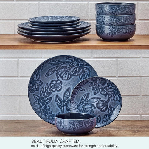 Garden Elegance Dinnerware Set, 12 Piece Floral Stoneware Blue