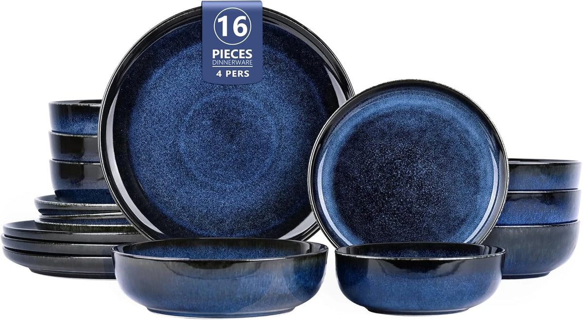 Plates and Bowls Set for 4, 16 Pcs Porcelain Reactive Glaze Dinnerware Set, Kitc