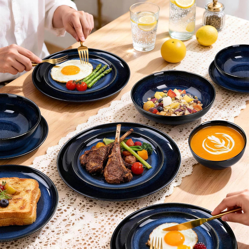 Plates and Bowls Set for 4, 16 Pcs Porcelain Reactive Glaze Dinnerware Set, Kitc